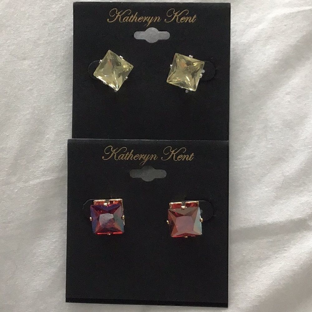 KATHERYN KENT, Gold-tone Square Crystal Stud Earrings 2 pair